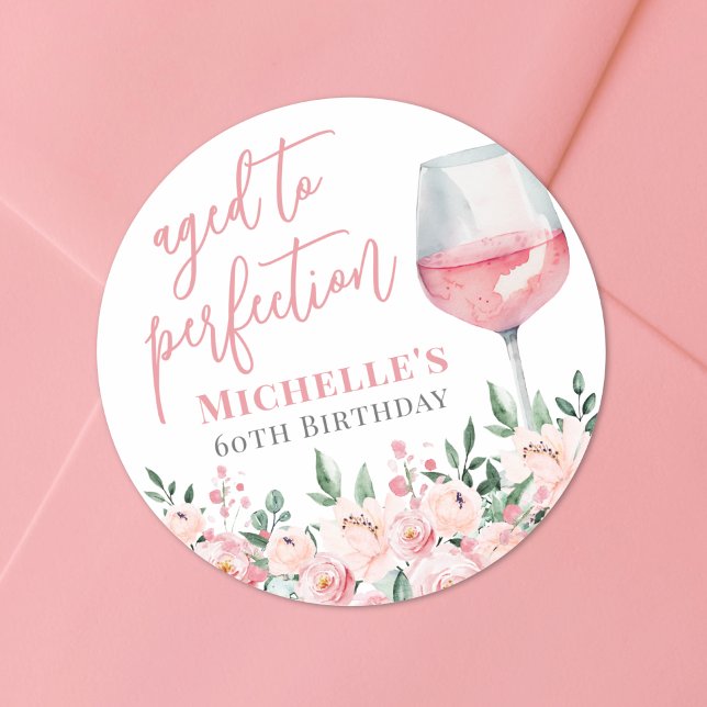 Sticker Rond Fête d'anniversaire du vin Floral (Wine Floral Birthday Party Classic Round Sticker)