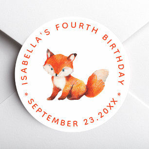 Sticker Rond Fête d'anniversaire enfant Fox Kid aquarelle migno