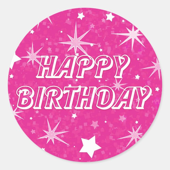 Sticker Rond Fête d'anniversaire étoiles scintillantes rose vif (Devant)
