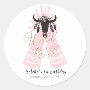 Sticker Rond Fête d'anniversaire fille Pink & Black Boho Wild O