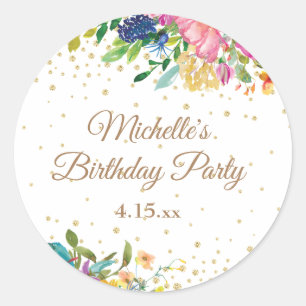 Sticker Rond Fête d'anniversaire florale rose jaune bleu