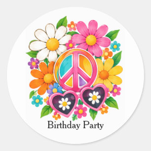 Sticker Rond Fête d'anniversaire Groovy Flower Power Girl