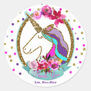 Sticker Rond Fête d'anniversaire licorne à pois pailletés or