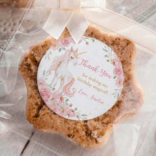 Sticker Rond Fête d'anniversaire licorne florale rose