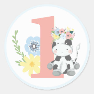 Sticker Rond Fête d'anniversaire numéro un 1ère année Vachette 