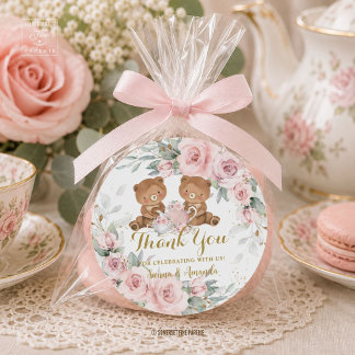 Sticker Rond Fête d'anniversaire ours en peluche floral rose fu