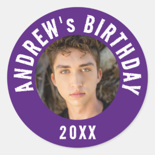 Sticker Rond Fête d'anniversaire photo violet moderne cool