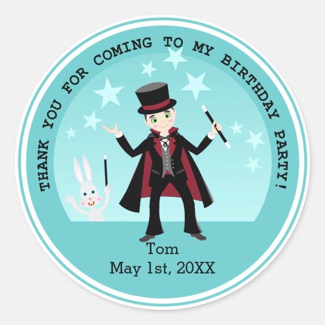 Sticker Rond Fête d'anniversaire pour enfant magicien (Devant)
