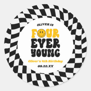 Sticker Rond Fête d'anniversaire rétro Quatre Forever Young pou