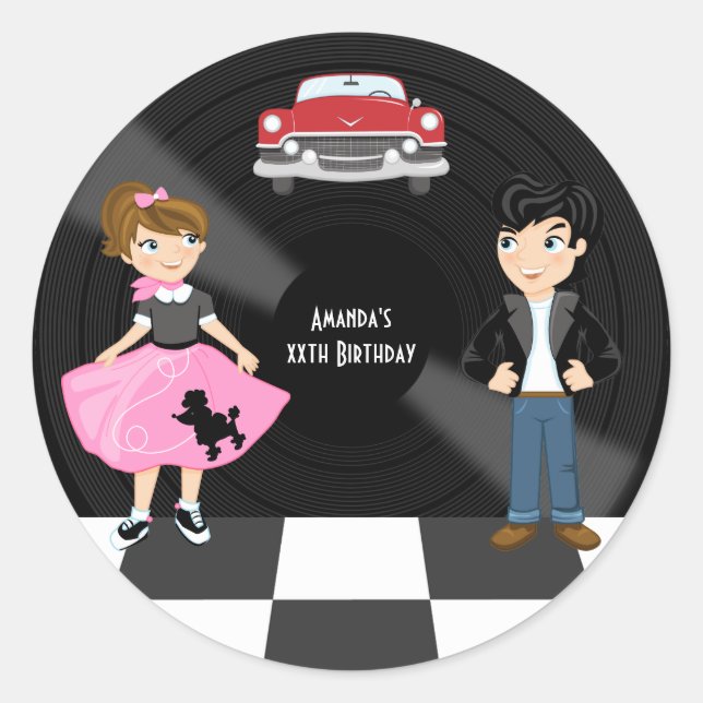 Sticker Rond Fête d'anniversaire Retro Sock Hop (Devant)