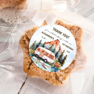 Sticker Rond Fête d'anniversaire rustique de Camping Mountain