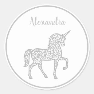 Sticker Rond Fête d'anniversaire Silver Unicorn Nom propre