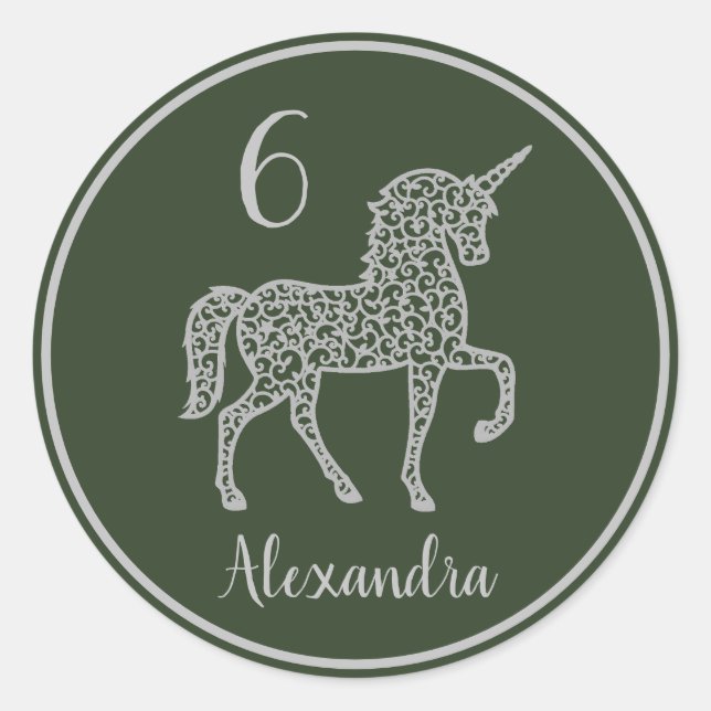 Sticker Rond Fête d'anniversaire Silver Unicorn Nom propre (Devant)