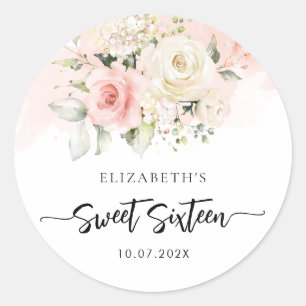 Sticker Rond Fête d'anniversaire Sweet 16 aquarelle florale