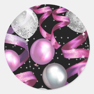 Sticker Rond Fête d'anniversaire Sweet 16 Pailleté Argent Noir 
