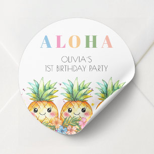 Sticker Rond Fête d'anniversaire tropicale Aloha été à l'ananas