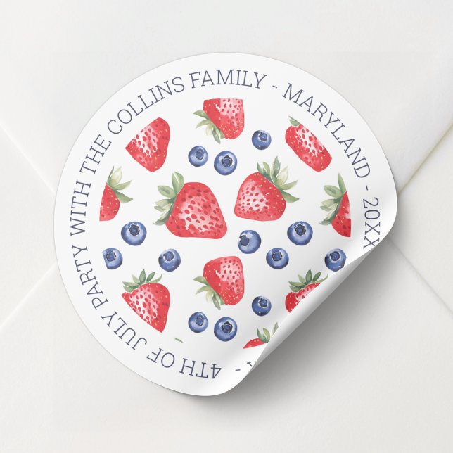 Sticker Rond Fête de 4 juillet d'aquarelle personnalisée (Custom Watercolor Berries 4th of July Celebration Classic Round Sticker)