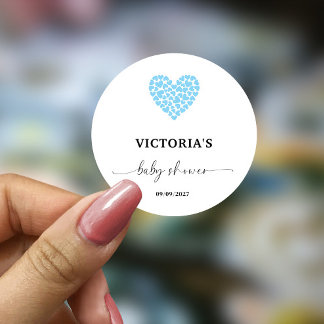 Sticker Rond Fête de Baby Shower Cœur Bleu