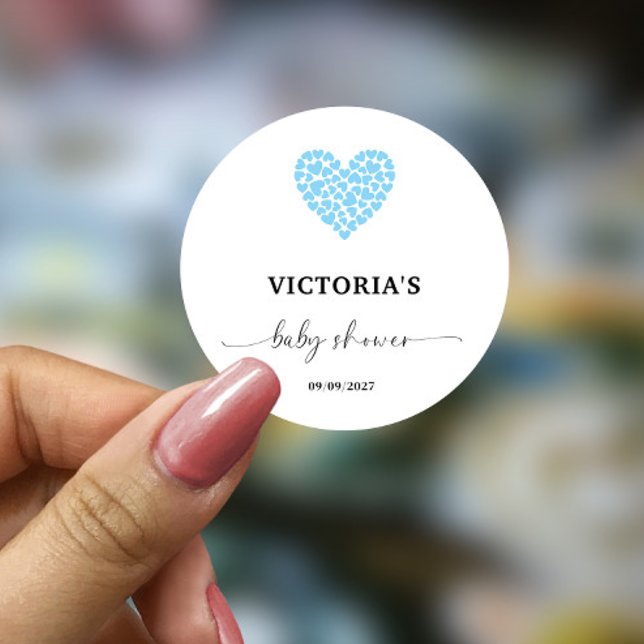 Sticker Rond Fête de Baby Shower Cœur Bleu (Créateur téléchargé)