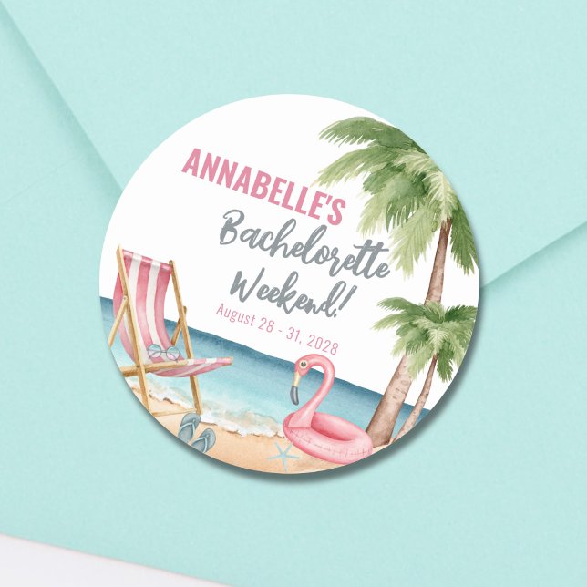 Sticker Rond Fête de Bachelorette Plage Tropicale Aquarelle (Watercolor Tropical Beach Bachelorette Party Classic Round Sticker)