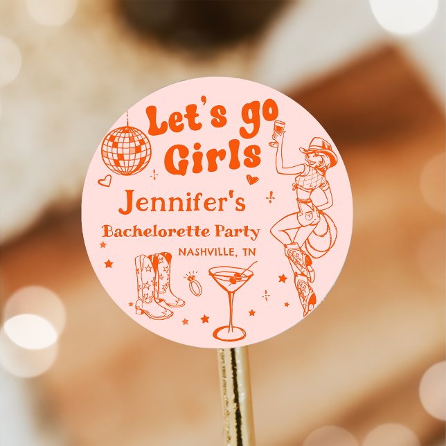 Sticker Rond Fête de Bachelorette Rodeo Cowgirl Disco Orange (Créateur téléchargé)