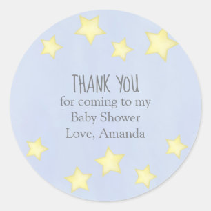 Sticker Rond Fête de bébé bleu Merci Étoiles jaunes simples