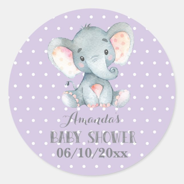 Sticker Rond Fête de bébé éléphant fille Violet et Gris (Devant)