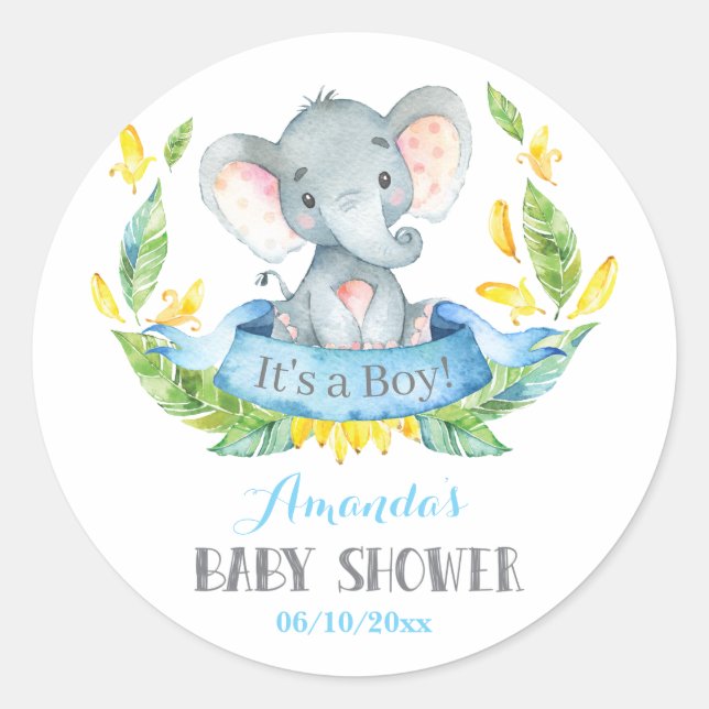 Sticker Rond Fête de bébé éléphant garçon Bleu et Gris (Devant)