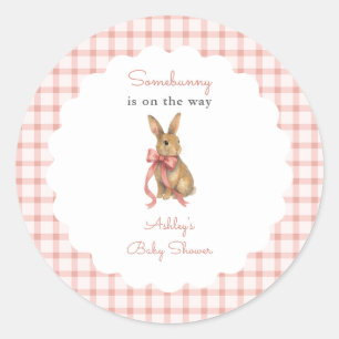 Sticker Rond Fête de Bébé Fille Lapin Gingham Rose Vintage