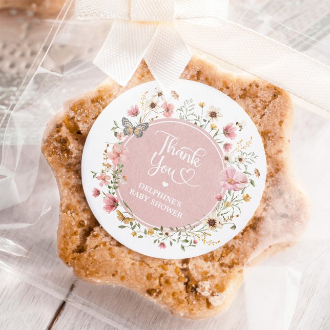 Sticker Rond Fête de Bébé Fille Papillon Fleur de Pissenlit Ros (Créateur téléchargé)
