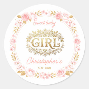 Sticker Rond Fête de Bébé Fille Rose Poudré et Or Floral