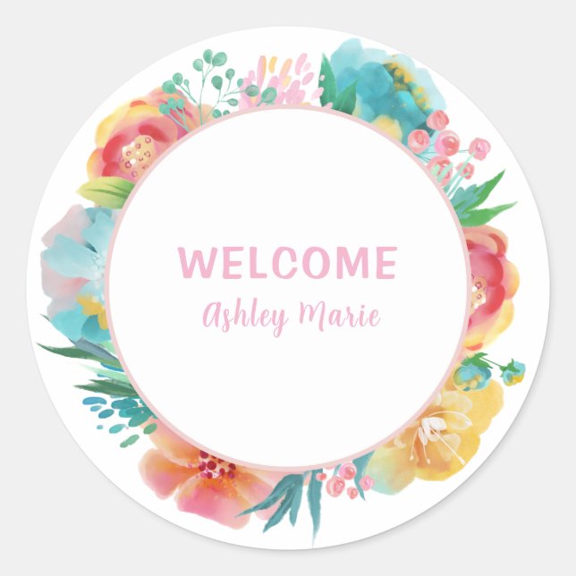 Sticker Rond Fête de bébé fleurs aquarelle rose personnalisable (Devant)