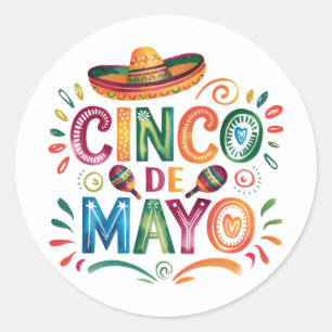 Sticker Rond Fête de Cinco De Mayo Aquarelle Chapeau Maracas