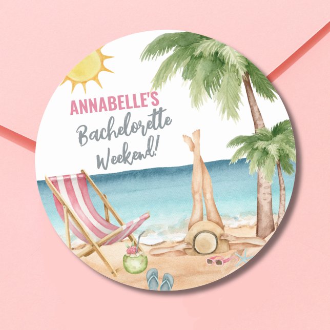 Sticker Rond Fête de Fille en Été Jolies Plages (Watercolor Beach Bachelorette Party Classic Round Sticker)