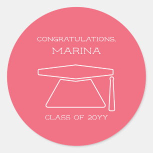 Sticker Rond Fête de graduation rose personnalisée