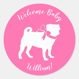 Sticker Rond Fête de la fête du chien Carlin rose