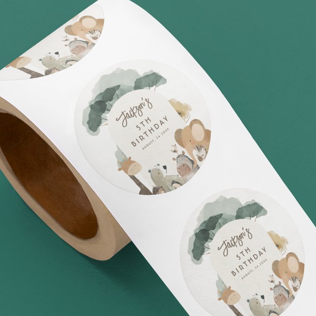 Sticker Rond Fête de l'aquarelle Animaux Photo Fête d'anniversa (Créateur téléchargé)