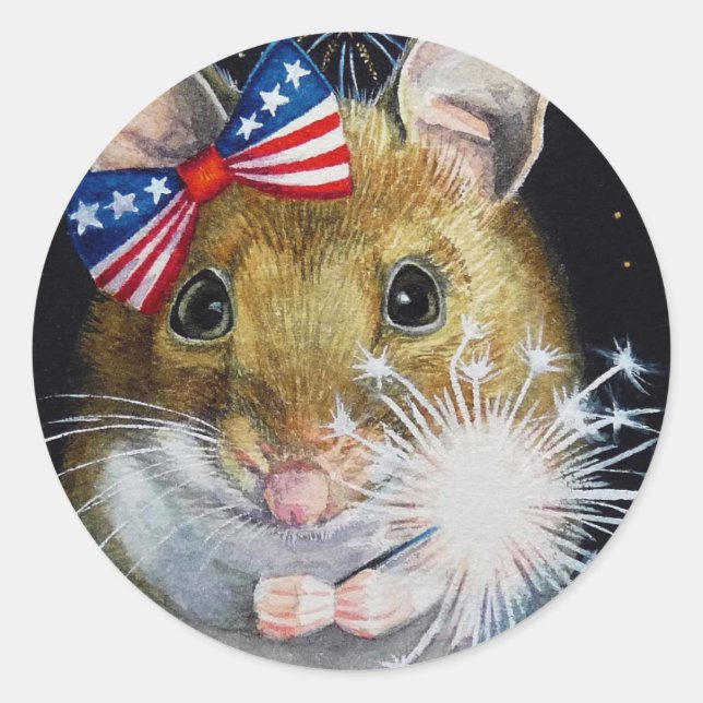 Sticker Rond Fête de l'Indépendance Souris no 1 Aquarelle Art (Devant)