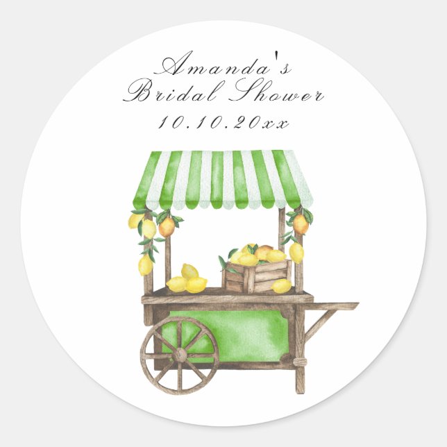 Sticker Rond Fête de mariage avec chariot de citrons aquarelle (Devant)