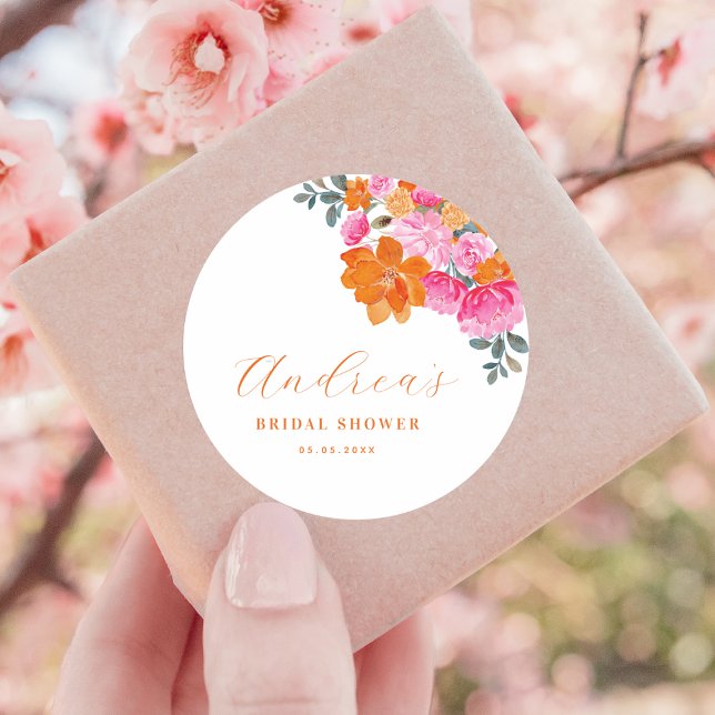 Sticker Rond Fête de mariage floral estivale vibrant rose et or (Créateur téléchargé)