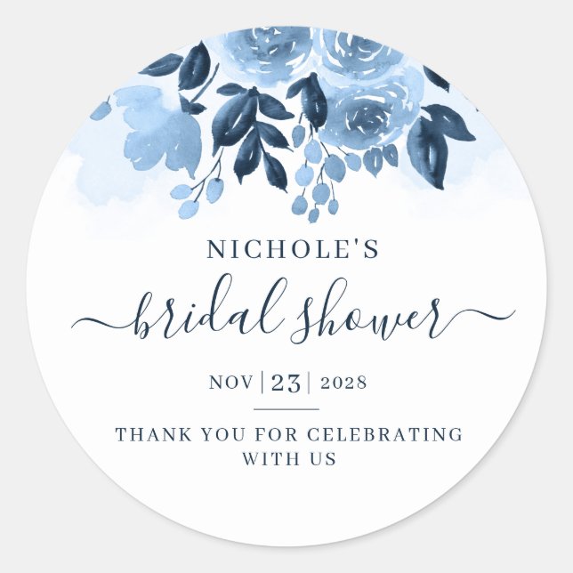 Sticker Rond Fête de mariage Floral Script Bleu Nuit Aquarelle (Devant)