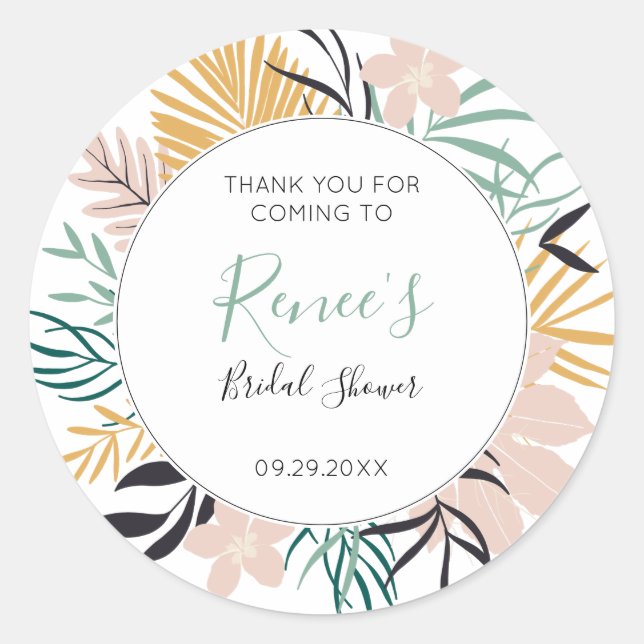 Sticker Rond Fête de Mariage Tropicale Feuilles et Fleurs (Devant)