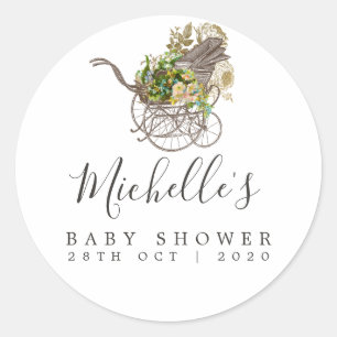 Sticker Rond Fête de naissance bébé avec landau floral vintage