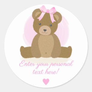 Sticker Rond Fête de naissance Bébé Fille Nounours Rose Ruban C