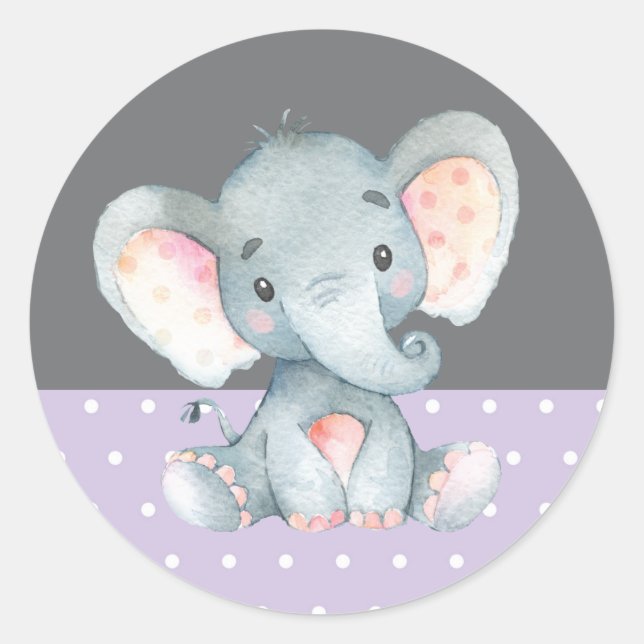 Sticker Rond Fête de naissance éléphant fille Violet et Gris (Devant)