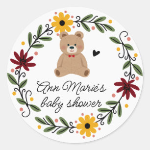Sticker Rond Fête de naissance ourson Fleurs folkloriques