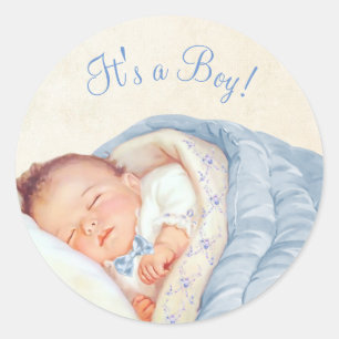 Sticker Rond Fête de naissance vintage garçon bleu