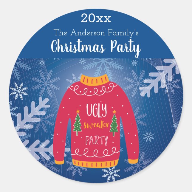 Sticker Rond Fête de Noël affreux pull rouge bleu flocons de ne (Devant)