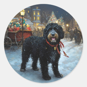 Sticker Rond Fête de Noël des chiens d'eau portugais