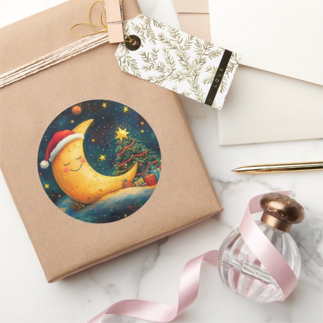 Sticker Rond Fête de Noël drôle Lune Galaxy (Cadeaux)